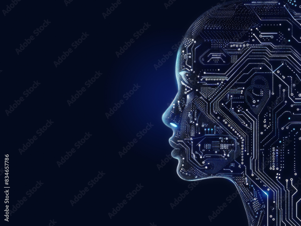 Aufkleber side profile of a human head outlined with a digital circuit pattern on a dark blue background, embo