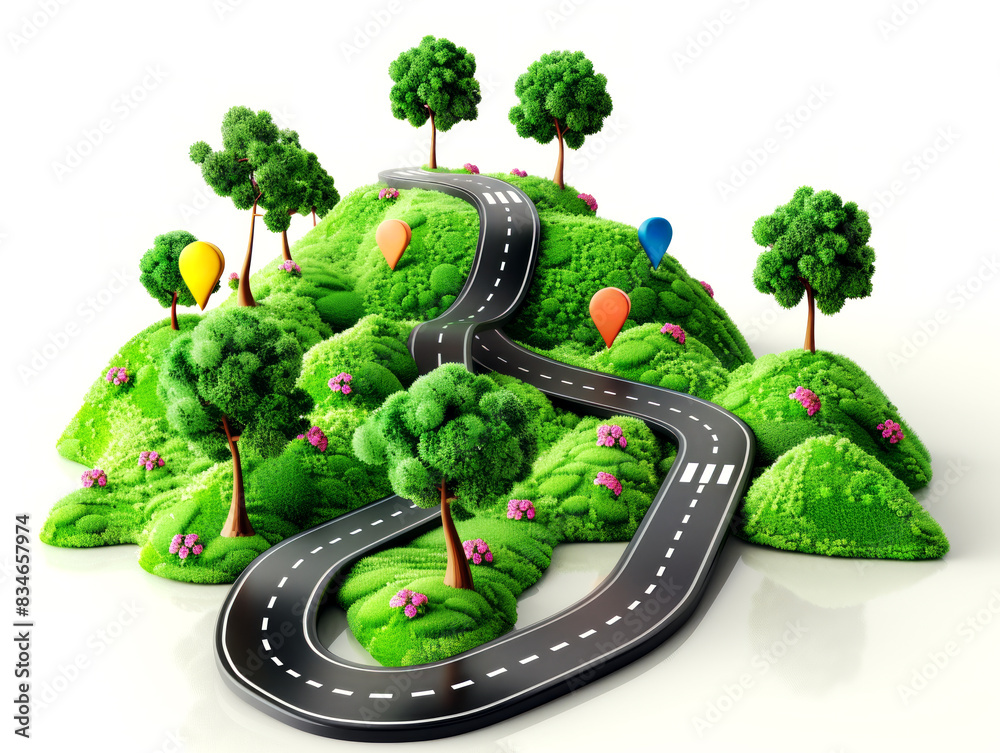 Aufkleber a winding road on lush green hills with trees and colorful markers against a white background, repre