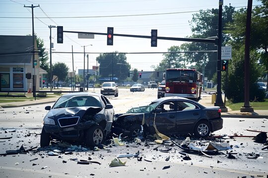 Dramatic Car Accident Scene at Busy Intersection with Visible Vehicle Damage and Debris Scattered on the Road