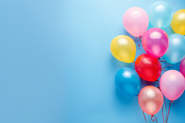 Cheerful and colorful balloons on the bottom right corner, placed on a blue background with ample copy space, flat lay