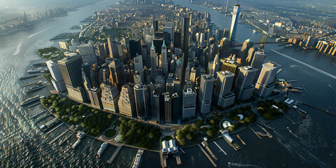 Aerial view of a major financial district showcasing the concentration of economic power.
