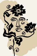 Fototapeta premium Vertical poster or card with ink wash drawing of one line female face and flowers silhouette on dark background and abstract shape. Monochrome minimalist portrait wall art