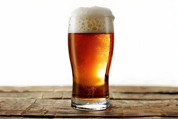 Pint of Frothy Beer on Rustic Wooden Table against Stark White Background