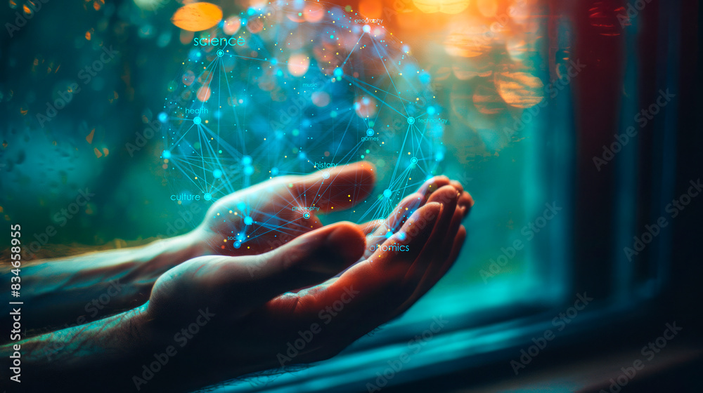 Aufkleber An open hand holding a glowing network of connected nodes with labels, on a vibrant bokeh background, concept of knowledge and connectivity. Generative AI