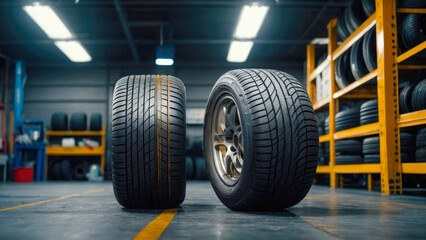 Car tire in auto repair shop. Auto service industry. Car wheel