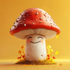 smiling mushroom cartoon character, yellow background
