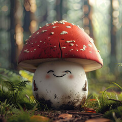 smiling mushroom cartoon character, forest background
