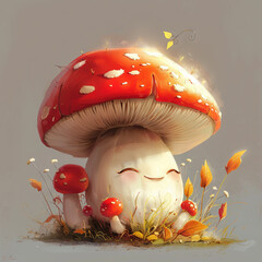 smiling mushroom cartoon character, grey background