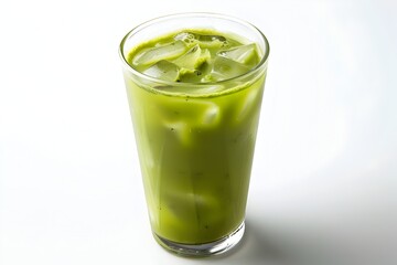 Photo of a Cold Glass of Iced Matcha Tea on a White Background