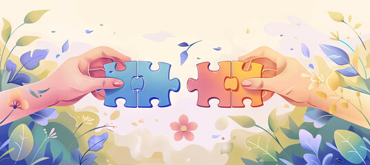 Two connected puzzles and two hands, business strategy concept