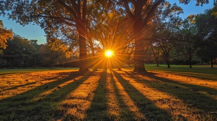 A serene image of the sun setting perfectly between two trees, casting long shadows on the ground, marking the arrival of the autumnal equinox and the beginning of fall.