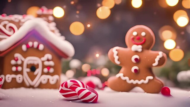 Gingerbread man cookie standing beside house with different colored candy and gumdrops, a chrismast snow scene