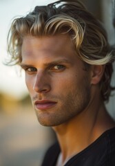 Handsome man with wavy blonde hair and piercing eyes
