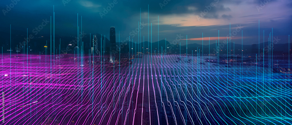 Aufkleber abstract digital cityscape with colorful lines over a real city background at dusk, concept of techn