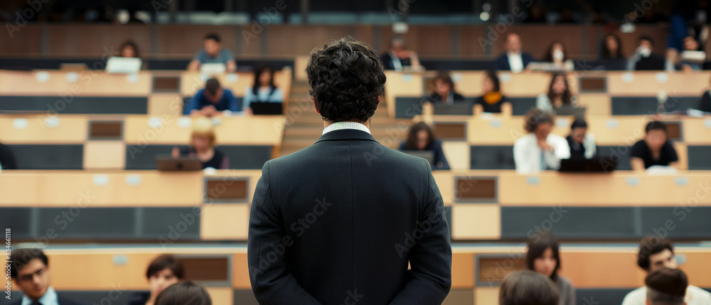 Poster a man standing in front of a seated audience in a conference hall, concept of leadership and public 