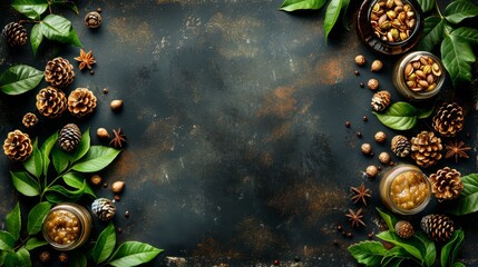 Nuts, leaves, and spices on a dark background Text space left Surrounded by pine cones, cinnamon sticks, nuts, and leaves - Powered by Adobe