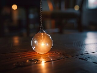 Glowing glass ornament hanging in dark room