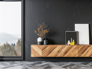Modern cupboard next to a window in an luxury interiors composition in contrasting tones.