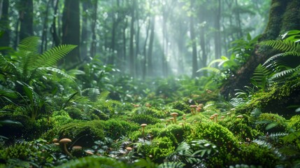 Obraz premium An image of a dense, moss-covered forest floor, with ferns, mushrooms, and insects, showcasing the intricate interactions between different organisms in a biodiverse ecosy