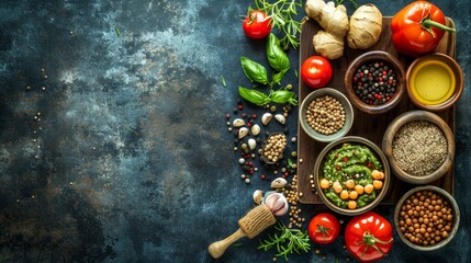 Fototapeta premium A wooden tray holds bowls filled with various foods - garlic, tomatoes, broccoli, peppers, and others Surface is blue