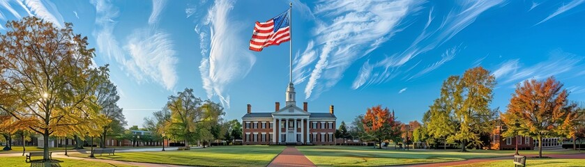 Fototapeta premium Artistic angle of Independence Hall with the American flag prominently displayed in the foreground