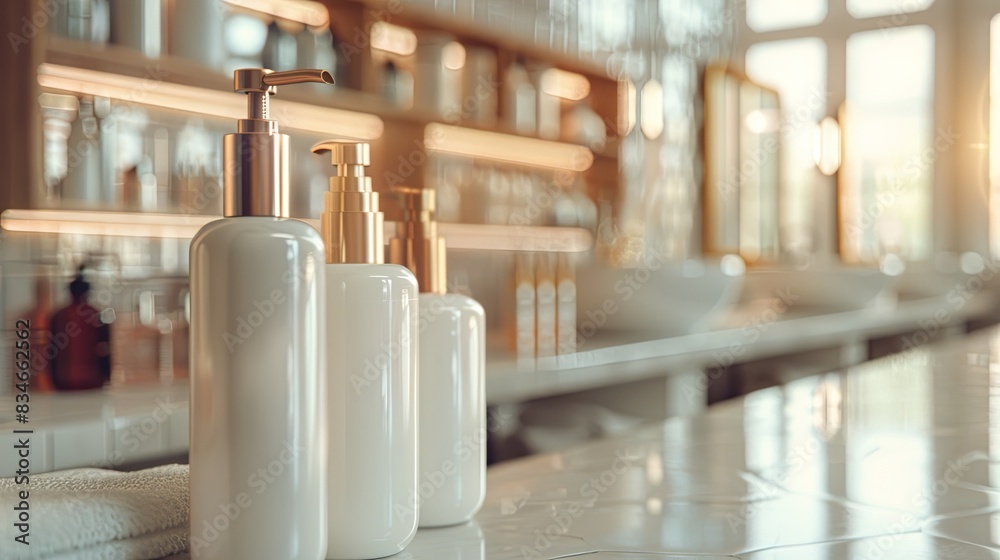 Poster white and gold shampoo and conditioner bottles on a bathroom counter with a white towel. generative 