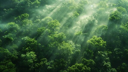 Obraz premium An aerial view of a lush green forest with sunlight filtering through the canopy, illustrating the rich biodiversity and organic growth of a natural ecosystem.