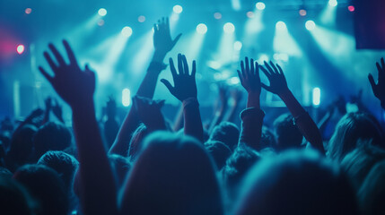 Image of an energetic crowd with hands raised towards a stage with blue stage lights