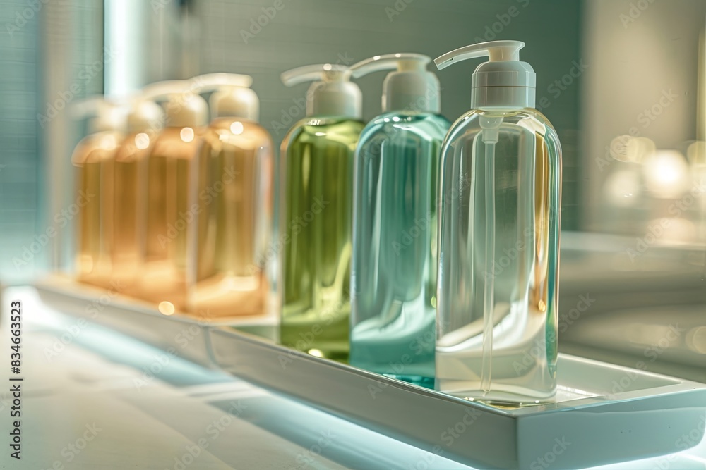 Poster bottles of shampoo and conditioner on a shelf in a stylish bathroom. generative ai