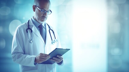 Doctor using digital tablet, modern technology in medicine and healthcare concept , one color background, copy space, generative ai