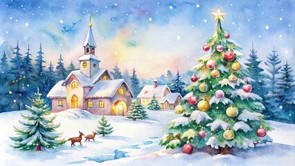 Watercolor christmas scene with white background, watercolor, Christmas, holiday, winter, snow, trees, festive, peaceful, serene, hand painted, delicate, whimsical, artwork, decoration