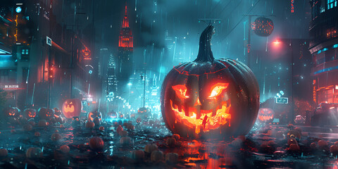neon glowing halloween pumpkin in cyberpunk city street, Halloween gaming wallpaper 