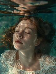 Serene underwater portrait of a woman with closed eyes