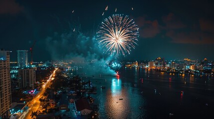Aerial view of a vibrant firework display illuminating the cityscape at night.