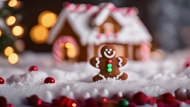 Gingerbread man cookie standing beside house with different colored candy and gumdrops, a chrismast snow scene