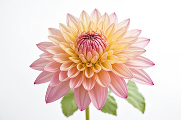 Close-up of a pink and yellow dahlia with blurred green leaves