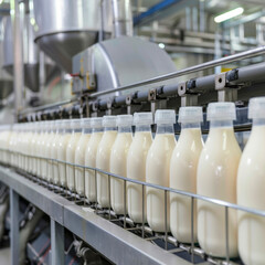 Fototapeta premium Production line of milk and yogurt at dairy processing plant