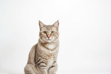 Obraz premium Grey tabby cat sitting on a white background