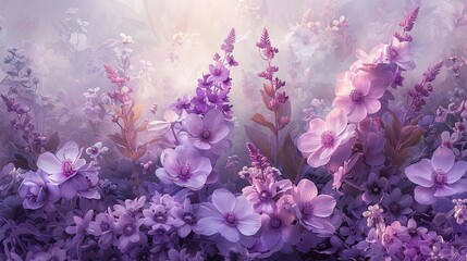 Ethereal purple and pink floral painting, soft shades of lavender and rose gold