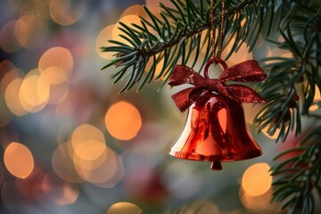 Festive christmas ornament hanging on pine tree branch