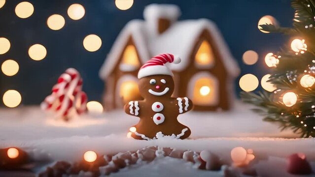 Gingerbread man cookie standing beside house with different colored candy and gumdrops, a chrismast snow scene