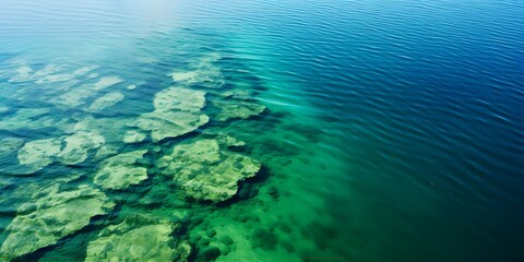 Fototapeta premium Aerial view of vibrant green and blue algae bloom in a lake. Concept Aerial Photography, Algae Bloom, Lake, Vibrant Colors, Nature Beauty