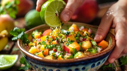 Squeezing Lime into Peach and Walnut Salsa