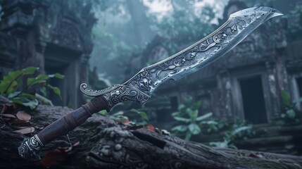 Ornate dagger in a mysterious forest