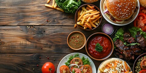 Top view of fast food sauces on wooden table with various dishes. Concept Food Styling, Fast Food Photography, Top View Shot, Wooden Table Setting, Condiments and Sauces