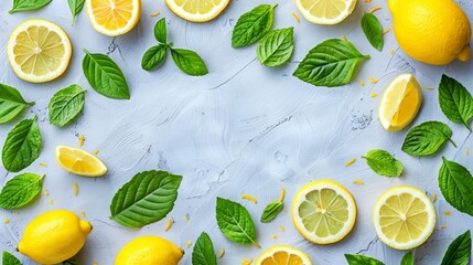 lemons with green tops  are arranged in a circle