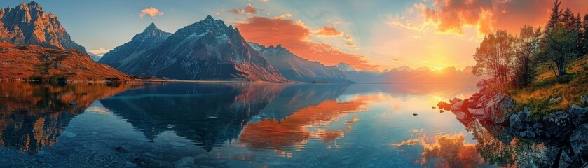 Fototapeta premium The setting sun casts a golden glow on the tranquil mountain lake, painting a breathtaking scene of serenity and natural beauty.