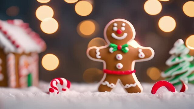 Gingerbread man cookie standing beside house with different colored candy and gumdrops, a chrismast snow scene
