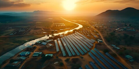 Aerial view of African developments near highway with solar panels on farms. Concept Aerial Photography, Solar Energy, African Developments, Farming Communities, Highway Infrastructure