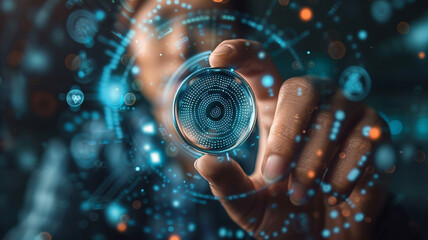 Understand your customer (KYC) idea. Person uses a magnifying glass to focus on the identity verification system in order to increase financial security and gain access to personal financial data.